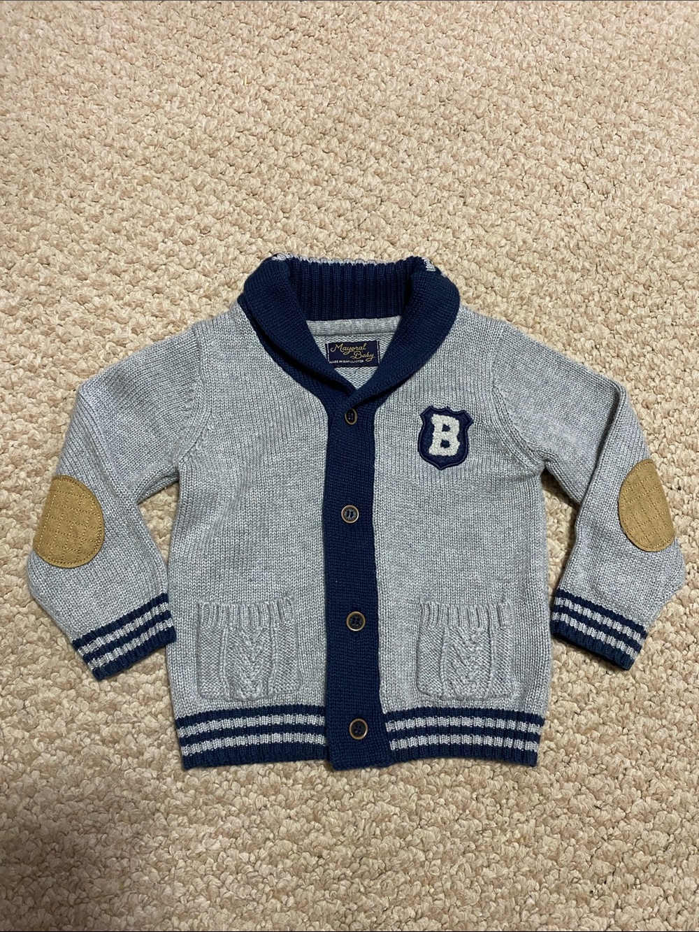 Mayoral baby Boys size 18M - 24M  Gray & Navy Knit Cardigan with Elbow Patches